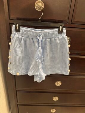 Simply Southern Light Blue Quilted Pearl/rhinestone sides tie Shorts